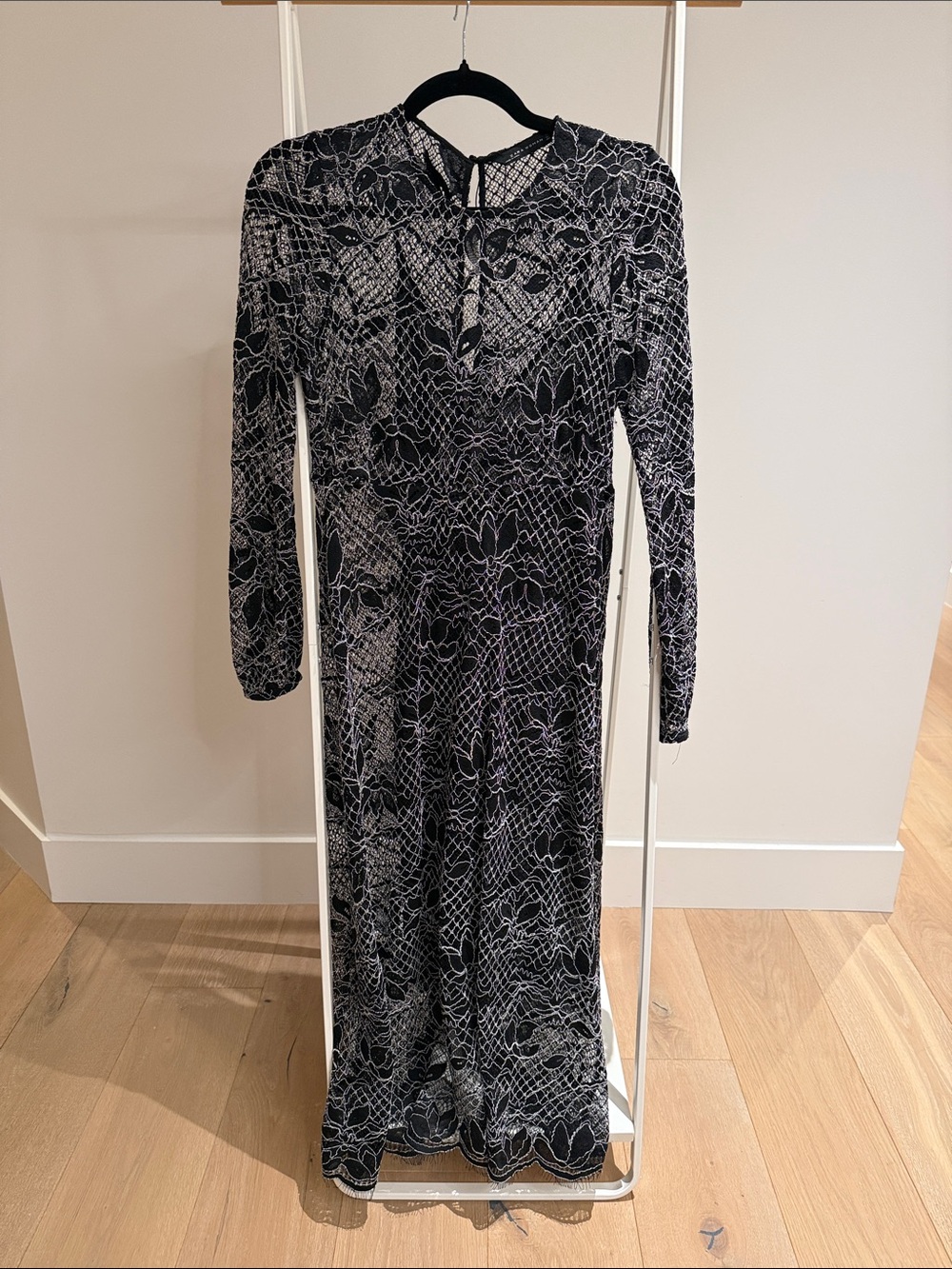 Zara Black and White Floral Lace-Pattern Long Sleeve Maxi Dress